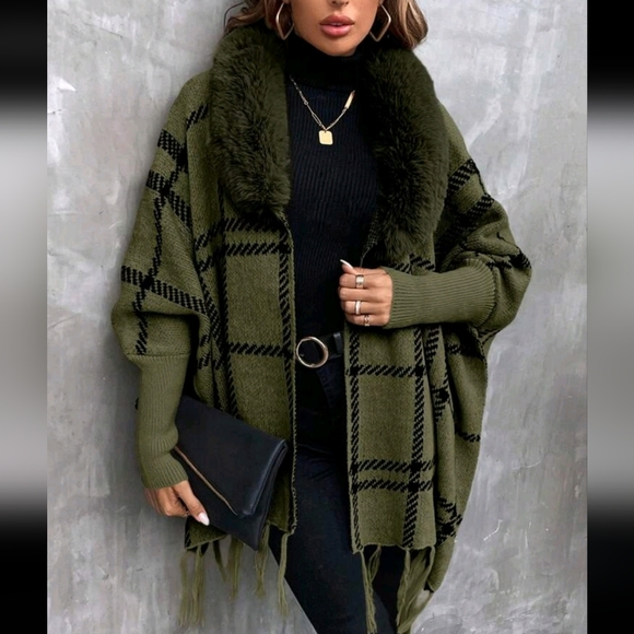 Comfy Faux Vegan Fur Plaid Fringe Cuff Sleeve Shawl Sweater Cardigan - Picture 7 of 12